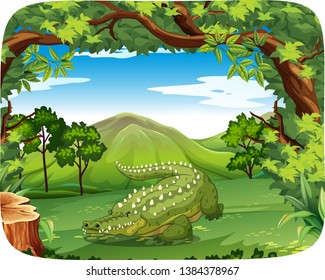 Crocodile in nature scene illustration