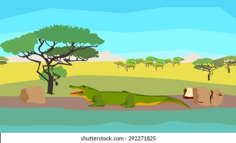 Crocodile near a river with stone and bushes on a background of hills, background horisontal pattern seamless. Animal, nature. Flat polygon style for design applications and sites. Vector illustration