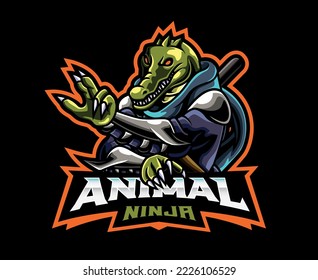 Crocodile ninja mascot logo design. Crocodile shinobi animal vector illustration. Logo illustration for mascot or symbol and identity, emblem sports or e-sports gaming team