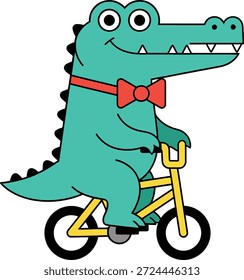 Cocodrilo en la etiqueta engomada de la bicicleta con un caimán verde amistoso que lleva una pajarita roja y monta una bicicleta amarilla. Ilustración vectorial plana de alta calidad para la ropa de los niños, carteles escolares, diseños de cumpleaños y Clipart digital de scrapbook.
