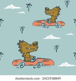 Crocodile on car funny cool summer t-shirt seamless pattern. Road trip vacation print design. Beach tropical travel kids apparel, nursery wild jungle exotic wallpaper. Hand drawn cartoon animal motif