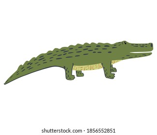 Crocodile on four paws isolated on white background. Funny cartoon character wildlife in doodle vector illustration.