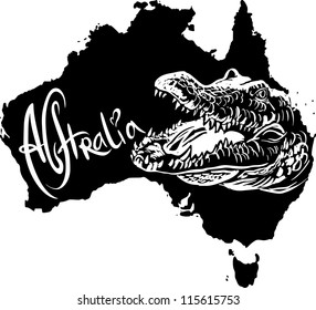 Crocodile on map of Australia. Black and white vector illustration.