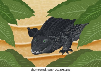 Crocodile on the sand under green leaves. Vector illustration