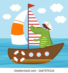 crocodile on ship sailing the sea - vector illustration, eps    