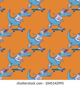 Crocodile on skateboard seamless pattern. Cartoon style pattern design.