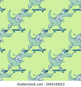 Crocodile on skateboard seamless pattern. Cartoon style pattern design.