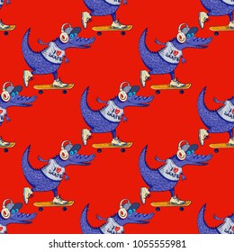 Crocodile on skateboard seamless pattern. Cartoon style pattern design.