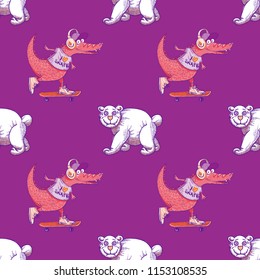 crocodile on skateboard and white bear seamless pattern