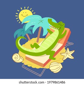 Crocodile on a sunbed near palms. Smiling cartoon alligator on summer vacation.