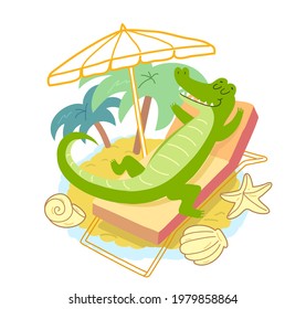 Crocodile on a sunbed under a beach umbrella near palms. Smiling cartoon alligator. Summer vacation t-shirt illustration.