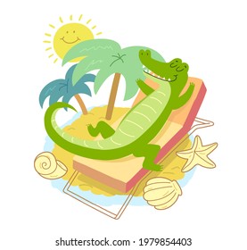 Crocodile on a sunbed under palms. Smiling cartoon alligator. Summer vacation t-shirt illustration.