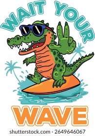 Crocodilo no surf. Impressão tipográfica para crianças . Design original com crocodilo fresco. imprimir para camisetas, têxteis, papel de embrulho, web. 