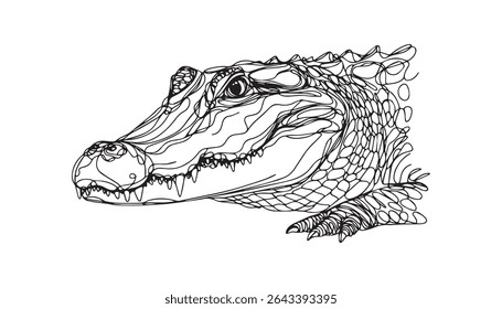 crocodile in one line art drawing continuous vector illustration, transparent background