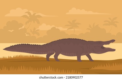 Crocodile with open mouth. Aquatic carnivorous reptile. Toothy alligator and caiman. Predator hunter of Africa. Big animal on the river bank. Wild landscape. Flat vector color illustration