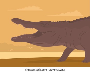 Crocodile with open mouth. Aquatic carnivorous reptile. Toothy alligator and caiman. Predator hunter of Africa. Big animal on the river bank. Wild sunset landscape. Flat vector color illustration