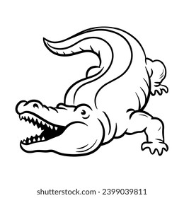 Crocodile with open mouth. Aquatic carnivorous reptile. Toothy alligator and caiman. Predator hunter of Africa. Big animal. Cartoon vector illustration. Black and white sketch. Hand drawn line