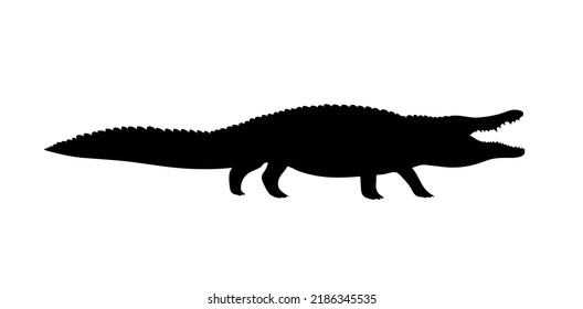 Crocodile with open mouth. Black silhouette. Toothy alligator, caiman. Predator of Africa. Big animal reptile. Design template for label, sign, logo. Vector illustration isolated on white background