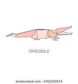 Crocodile origami - geometric animal folded from paper, traditional Japanese craft. Pink cartoon alligator shape line art isolated on white background - flat vector illustration