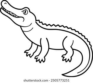 Crocodile outline or line art or sketch illustration, with its body extended and jaws slightly open, drawn with bold, angular lines on a white background.