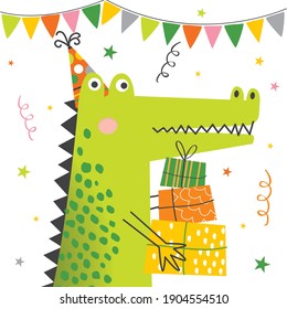 Crocodile party bring special gift on white background