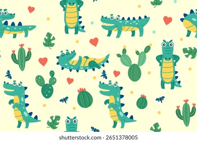 Padrão de crocodilo. Fundo de réptil de desenho animado do bebê, cacto, grama verde, animal engraçado do deserto. Tecido de desenho à mão para crianças. Rabiscar repetição sem emenda. Papel de embrulho, papel de parede. Vetor viveiro têxtil arrumado