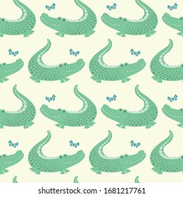 Krokodiles Muster-Design. Reine Vektorillustration von Tieren nahtlos mit Schmetterlingen wiederholen. Ideal für Kinder- und Babyprojekte.