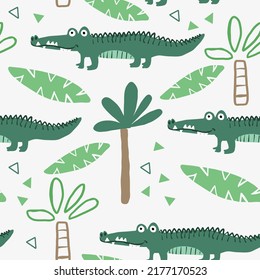 Crocodile pattern design with multiple alligators and palm - funny hand drawn doodle, seamless pattern. Textile graphic design for poster or t-shirt, wallpaper, wrapping paper, background.