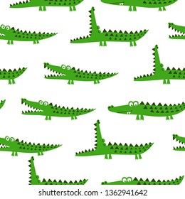 Diseño de patrones de cocodrilos con varios caimanes - doodle dibujado a mano divertido, patrón sin fisuras. Diseño gráfico textil de carteles o pantalones. / papel pintado, papel envolvente, fondo.