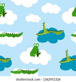 Crocodile pattern design with several alligators - funny hand drawn doodle, seamless pattern. Lettering poster or t-shirt textile graphic design. / wallpaper, wrapping paper, background.
