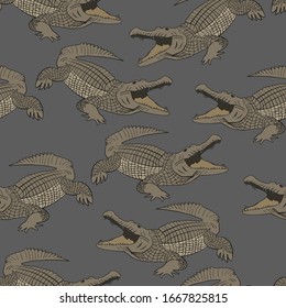 Patrón cocodrilo y repetición sin fisuras. Patrón animal y diseño textil. Ilustración del vector de fondo gris. Cocodrilos de color marrón estampados de moda.