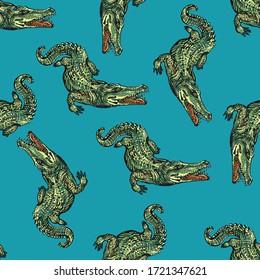 Crocodile pattern and repeating seamless. Animal pattern and textile design. Vector illustration, green colored crocodiles fashionable print on blue background.