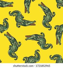 Crocodile pattern and repeating seamless. Animal pattern and textile design. Vector illustration, green colored crocodiles fashionable print on YELLOW background.