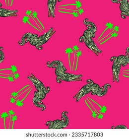 Krokodile Muster und Wiederholung nahtlos. Tiermuster und Textildesign. Vektorgrafik, grün gefärbte Krokodile, modischer Druck auf rosafarbenem Hintergrund.