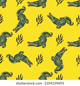 Crocodile pattern and repeating seamless. Animal pattern and textile design. Vector illustration, green colored crocodiles fashionable print on YELLOW background.