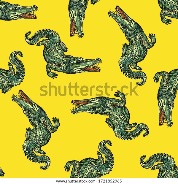 Crocodile pattern and repeating\
seamless. Animal pattern and textile design. Vector illustration,\
green colored crocodiles fashionable print on YELLOW\
background.