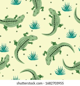 Crocodile pattern. Vector seamless background with watercolor alligators.