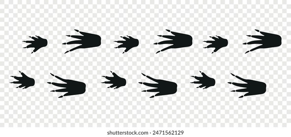 Crocodile paws. Footpath trail of animals. Paw foot trail print of crocodile on white background. Vector animal steps in black color.