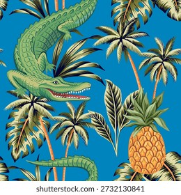 Crocodile, pineapple fruit, palm, leaves seamless pattern. Summer tropical exotic print.	