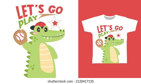 Crocodile play baseball cartoon tee designs concept