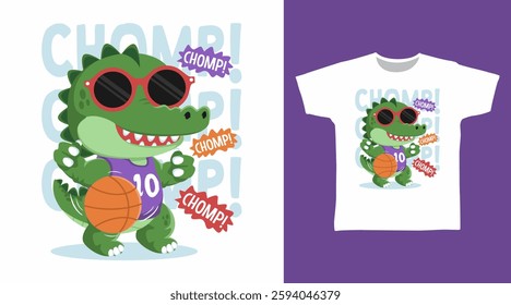 Crocodile play basketball hand drawn, ready for print on t-shirt and other uses.