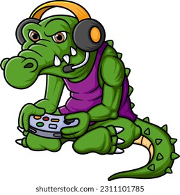 Juego de reproducción de cocodrilos con controlador y caricatura de auriculares de la ilustración