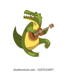 Crocodile playing guitar, cartoon animal character with musical instrument vector Illustration on a white background