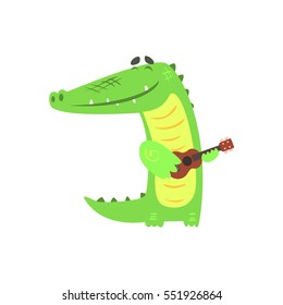 Crocodile Playing Guitar, Humanized Green Reptile Animal Character Every Day Activity
