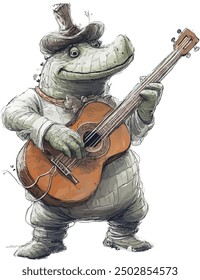 Crocodile playing guitar watercolor illustration