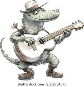 Crocodile playing guitar watercolor illustration