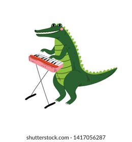 Crocodile Playing Piano, Cute Cartoon Animal Musician Character Playing Musical Instrument Vector Illustration