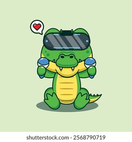 Crocodile playing virtual reality cartoon vector illustration. Vector cartoon Illustration suitable for poster, brochure, web, mascot, sticker, logo and icon.