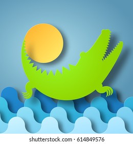Crocodile plays with the Sun in water box of shadow. Vector illustration