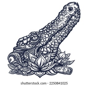 Crocodile portrait. Angry alligator. African wild animals. Old school tattoo vector art. Hand drawn graphic. Isolated on white. Traditional flash tattooing style